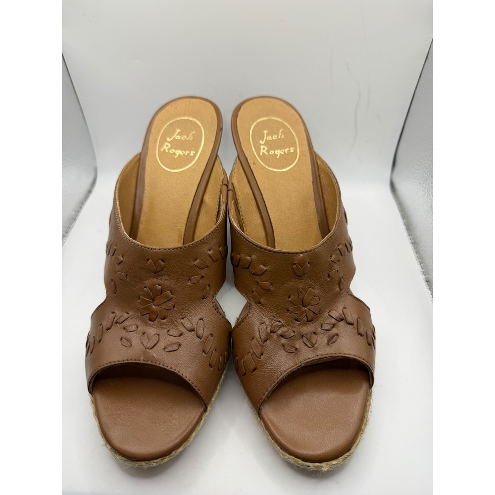 Jack Rogers Womens Brown Leather Whipstitch Espadrille Wedge Mules Sandals 8.5M